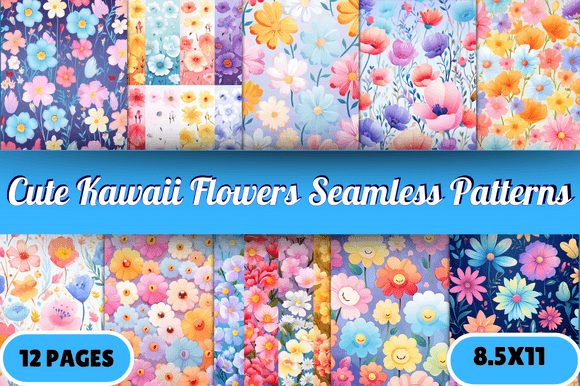 Cute Kawaii Flowers Seamless Patterns