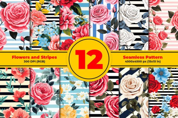 Flowers and Stripes Seamless Patterns